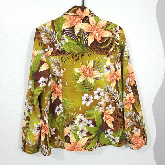 Tan Jay Jacket Womens Large Floral Tropical Long Sleeve Button Up Statem… - Picture 2 of 12